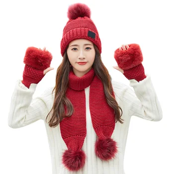 Милая Женская вязаная шапка, Перчатки, Шарф, Рождественская зимняя согревающая шапочка-бини, перчатки на половину пальца