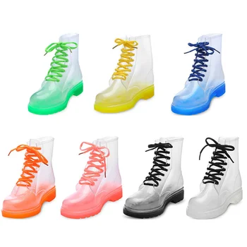 Модные женские непромокаемые ботинки для зрелых дам, водонепроницаемая женская обувь на шнуровке, Прозрачная обувь для девочек на уличной подошве ярких цветов