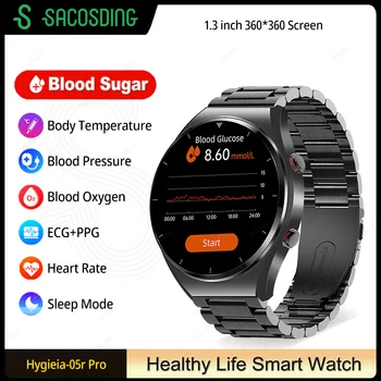 Неинвазивные Смарт-Часы для измерения уровня сахара в крови ЭКГ + PPG Температура тела Пульсометр SpO2 Монитор Smartwatch ВСР Кровяное Давление Здоровые Часы
